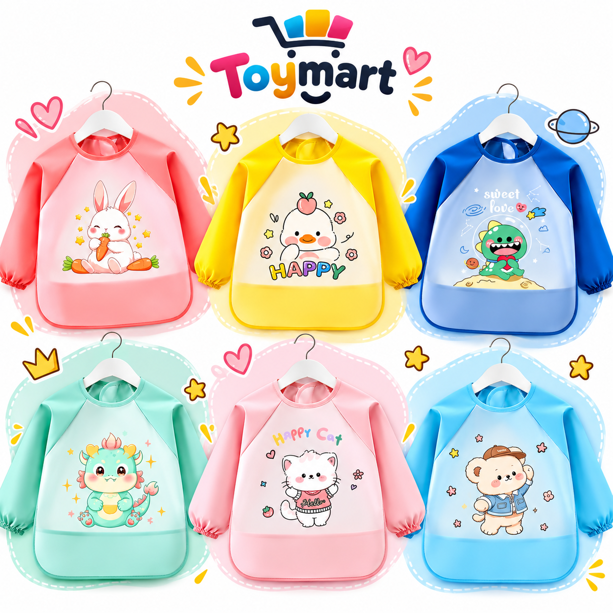 “Waterproof Long Sleeve Baby Bib Apron – Cute Cartoon Design”