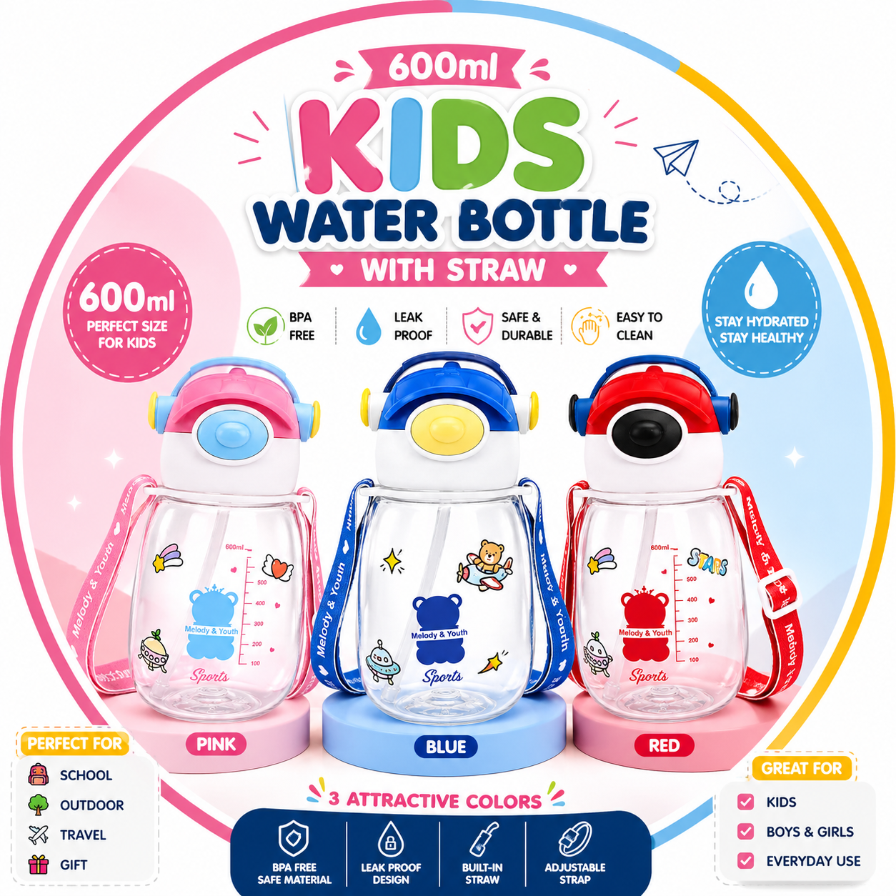 600ml Kids Water Bottle with Straw | BPA Free, Leak Proof & Adjustable Strap